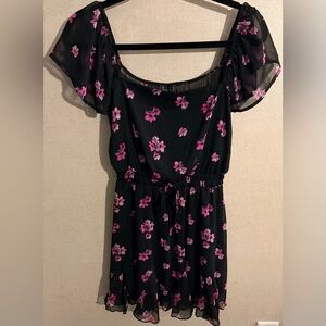 Trixxi Black Square-Neck Mini Dress with Pink Floral Accents